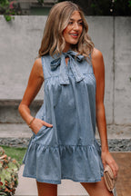 Beau Blue Bowknot Neck Sleeveless Ruffled Chambray Dress
