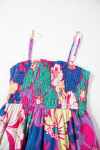 Purple Floral Print Shirred Spaghetti Strap Loose Maxi Dress