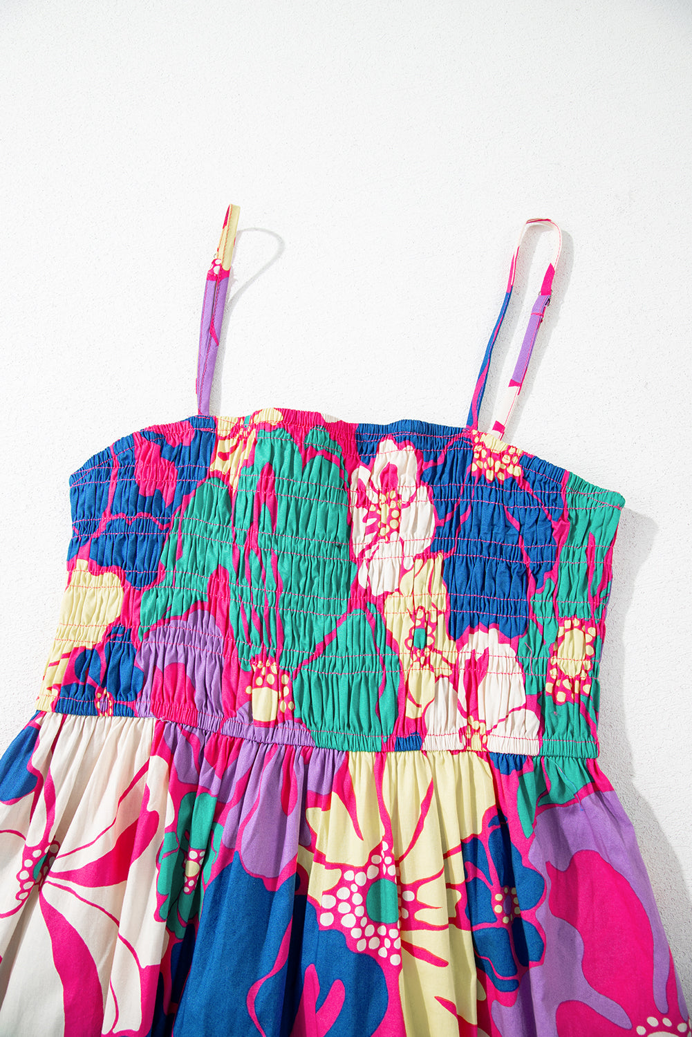 Purple Floral Print Shirred Spaghetti Strap Loose Maxi Dress