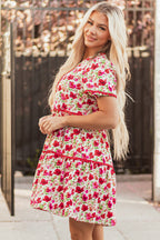 Red Floral Puff Sleeve Tiered Ric Rac Pocketed Mini Dress