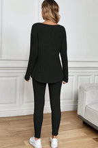 Grass Green Ribbed Notched Neck Knit Long Sleeve Leggings Two Pieces Lounge Set