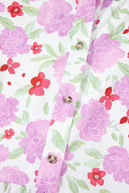 Pink Floral Print Striped Trim Frilled Neck 3/4 Sleeve Flared Mini Dress