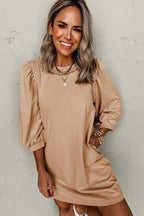 Light French Beige Braided Trim Puff Sleeve Dress