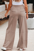 Black Mineral Wash Exposed Seam Drawstring Elastic Waistband Wide Leg Cargo Pants