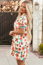 Orange Contrast Trim Floral Split Neck Puff Short Sleeve Tiered Mini Dress