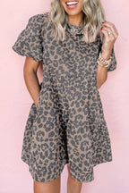 Brown Denim Leopard Printed Short Puff Sleeve Mini Dress
