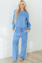 Beau Blue Floral Patchwork Drop Shoulder Pullover and Sweatpants Lounge Set