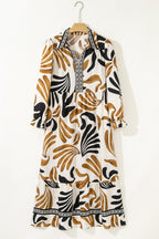 Brown Tropical Printed Contrast Trim Neck Long Sleeve Ruffle Hem Dress