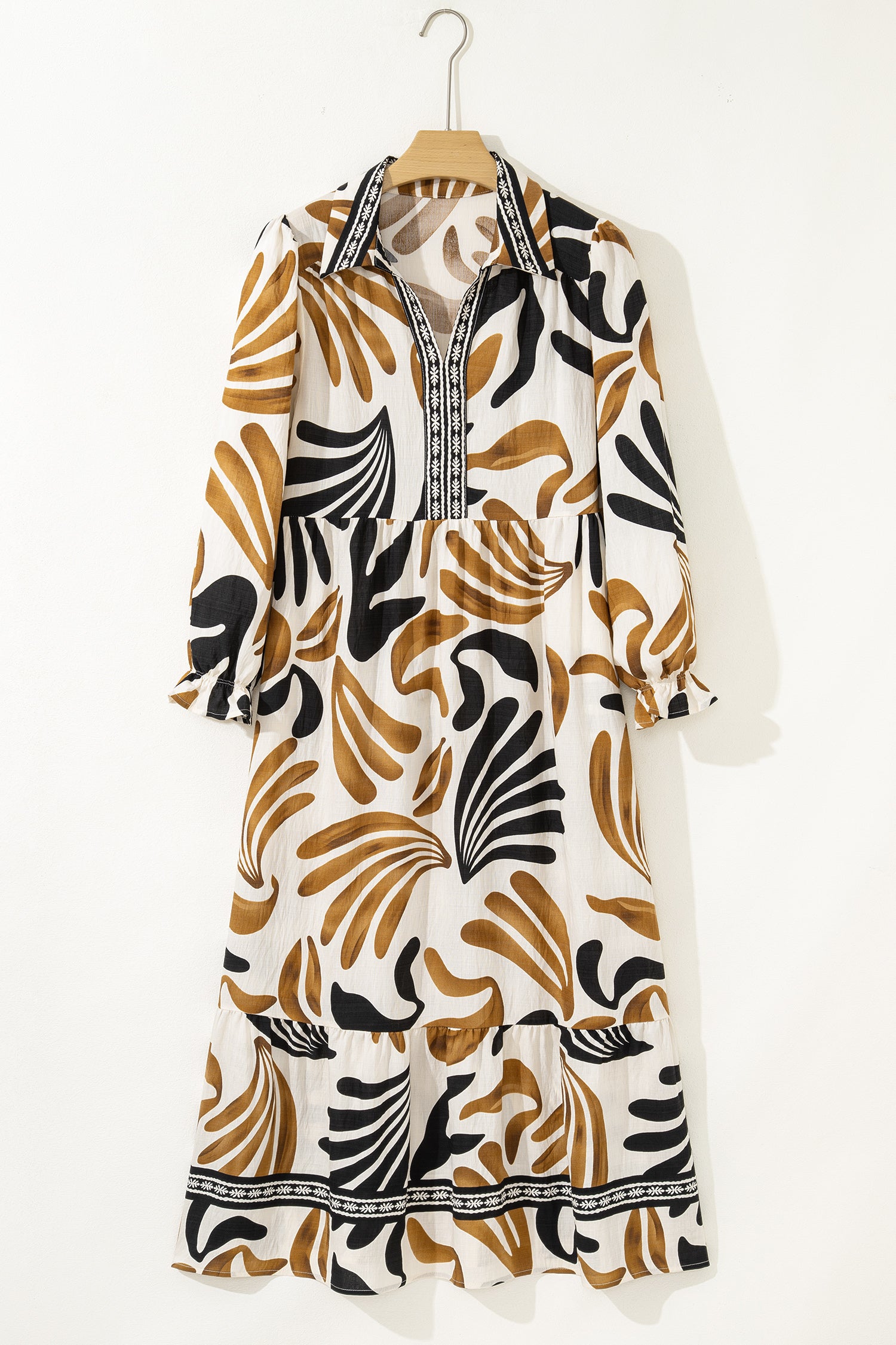 Brown Tropical Printed Contrast Trim Neck Long Sleeve Ruffle Hem Dress