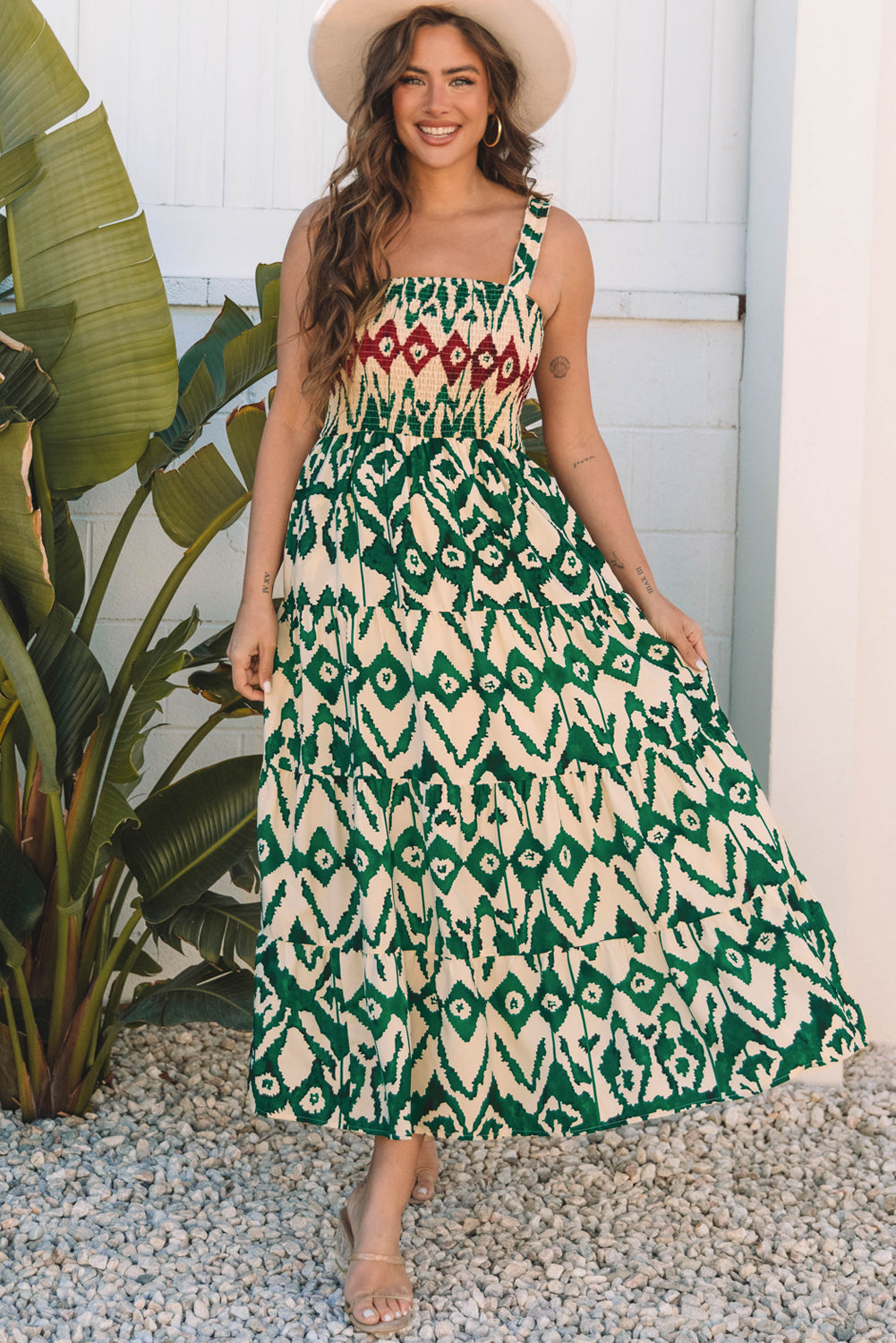 Green Western Aztec Shirred A-line Sleeveless Maxi Dress