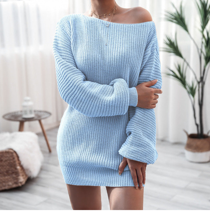 Casual Off-the-shoulder Lantern Sleeve Knitted Sweater Dress