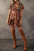 Red Floral Puff Sleeve Square Neck Knot Open Back Mini Dress