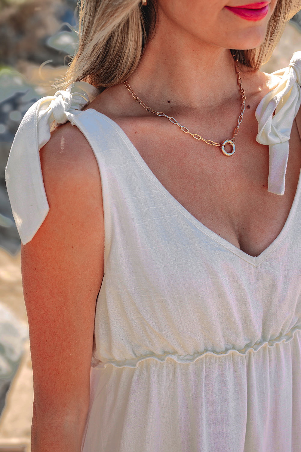 Oatmeal Solid Color Tied Straps Ruffle Tiered Mini Dress