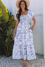 Sky Blue Floral Print Square Neck Bubble Sleeve High Waist Maxi Dress