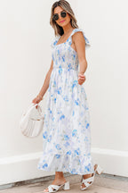 Sky Blue Floral Smocked High Waist Double Ruffle Sleeveless Long Dress