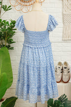 Sky Blue Floral Print Square Neck Flutter Sleeve Smocked Tiered Mini Dress