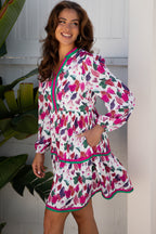 Purple Floral Print Contrast Striped Detail Long Sleeve Mini Dress