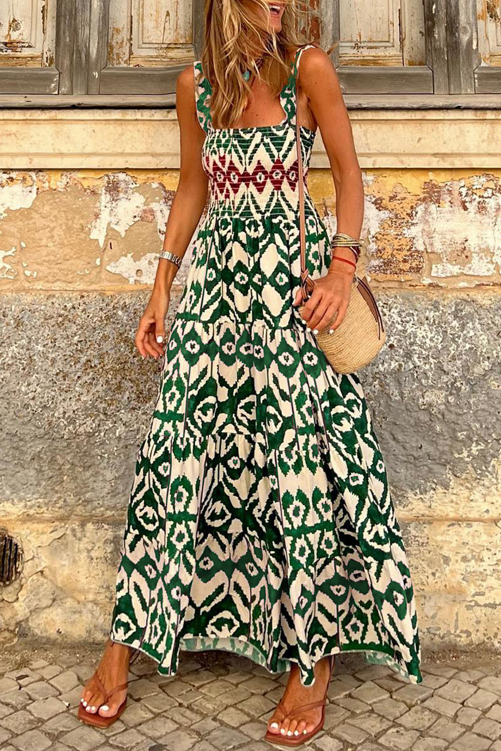 Green Western Aztec Shirred A-line Sleeveless Maxi Dress