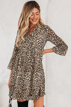 Khaki Leopard 3/4 Sleeve V Neck Swing Dress