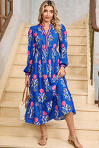 Blue Floral Print Striped Trim Split Neck Long Sleeve Ruffle Hem Midi Dress