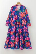 Blue Floral Print 3/4 Sleeve V Neck Tiered Long Dress