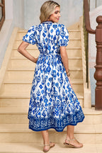 Sky Blue Floral Puff Short Sleeve V Neck High Waist Maxi Dress