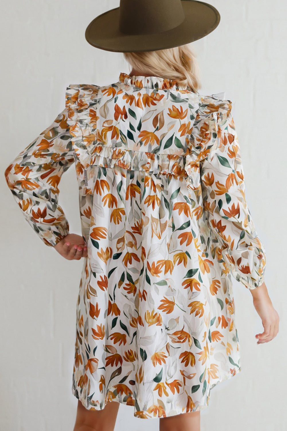 Yellow Floral Print Tie Neck Frilled Detail Long Sleeve Mini Dress