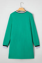Mint Green Varsity Contrast Striped V Neck Long Sleeve T Shirt Dress with Pockets
